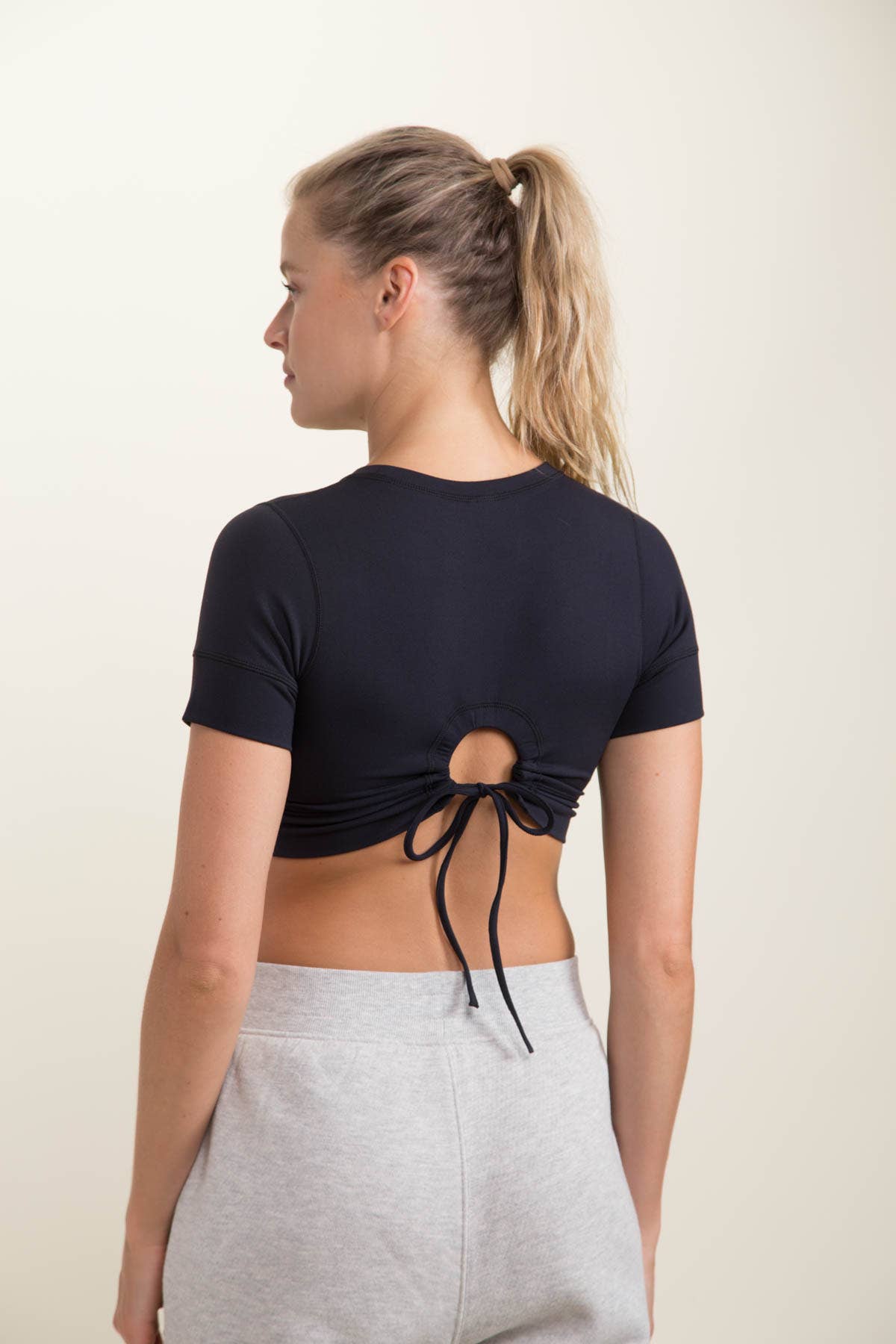 BRONZE - Tie-Peekaboo Back Lycra-Blend Cropped Top