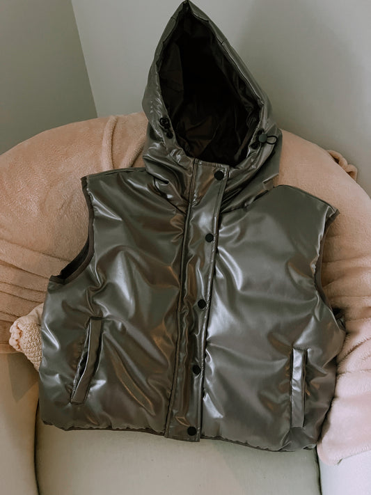 Leather-Like Hooded Puffer Vest